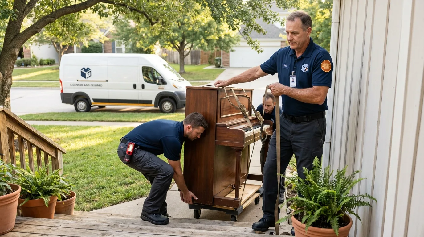 Licensed piano movers securing grand piano in Dunn, NC