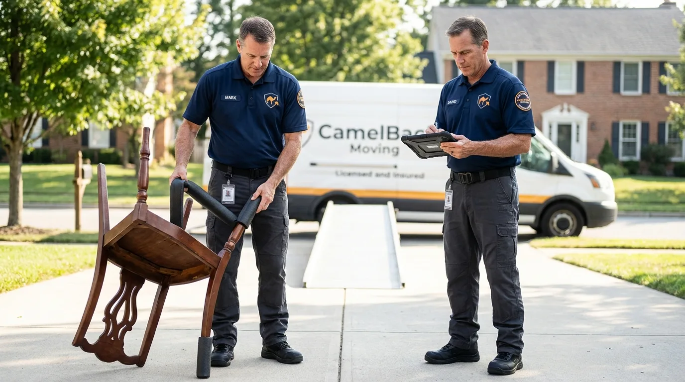 Movers inspecting furniture for damage prevention before loading in Dunn, NC